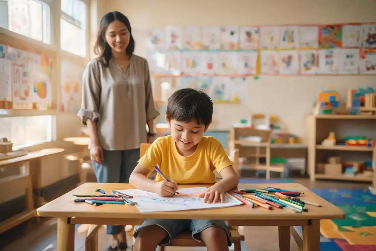 Anak usia 4 hingga 6 tahun belajar menggambar di kelas TK yang nyaman sebagai ilustrasi bagaimana memilih TK sesuai kebiasaan anak